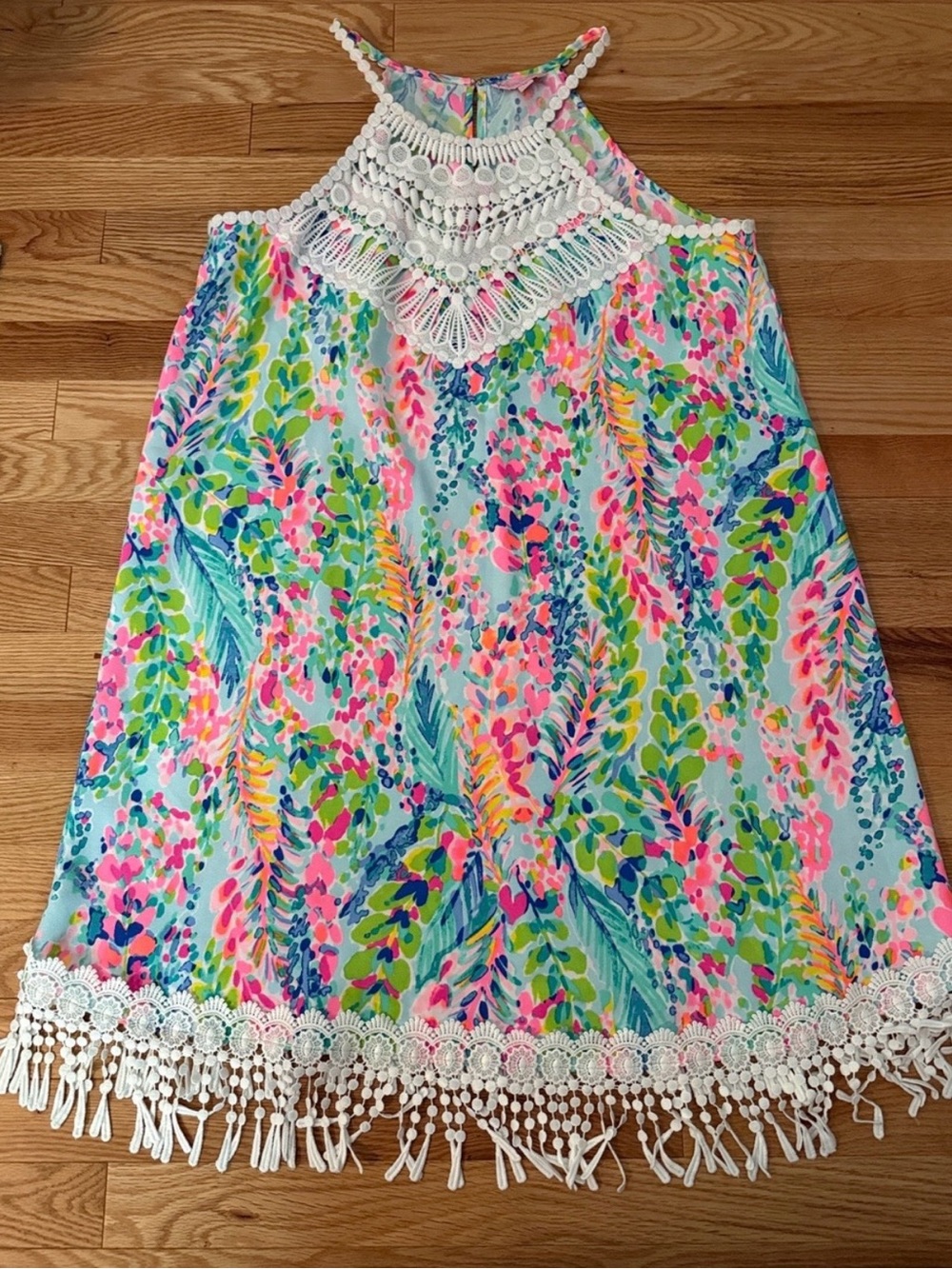 Lilly Pulitzer Multicolor Floral Halter Dress with White Crochet Straps